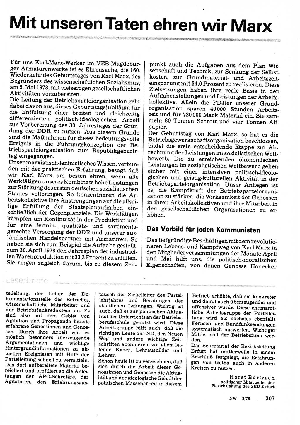 Neuer Weg (NW), Organ des Zentralkomitees (ZK) der SED (Sozialistische Einheitspartei Deutschlands) für Fragen des Parteilebens, 33. Jahrgang [Deutsche Demokratische Republik (DDR)] 1978, Seite 307 (NW ZK SED DDR 1978, S. 307)