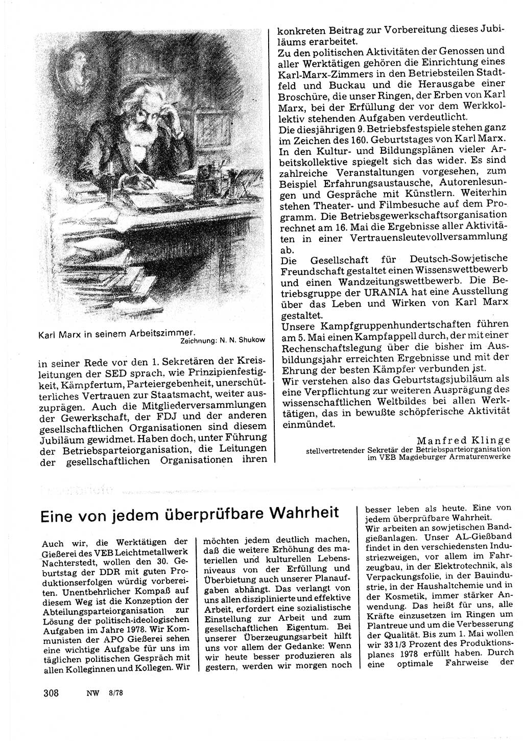 Neuer Weg (NW), Organ des Zentralkomitees (ZK) der SED (Sozialistische Einheitspartei Deutschlands) für Fragen des Parteilebens, 33. Jahrgang [Deutsche Demokratische Republik (DDR)] 1978, Seite 308 (NW ZK SED DDR 1978, S. 308)