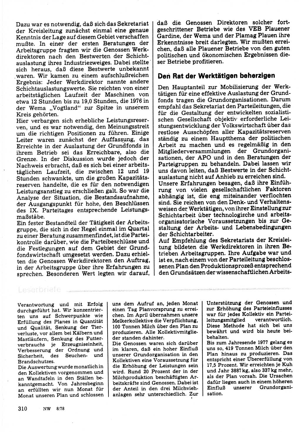 Neuer Weg (NW), Organ des Zentralkomitees (ZK) der SED (Sozialistische Einheitspartei Deutschlands) für Fragen des Parteilebens, 33. Jahrgang [Deutsche Demokratische Republik (DDR)] 1978, Seite 310 (NW ZK SED DDR 1978, S. 310)