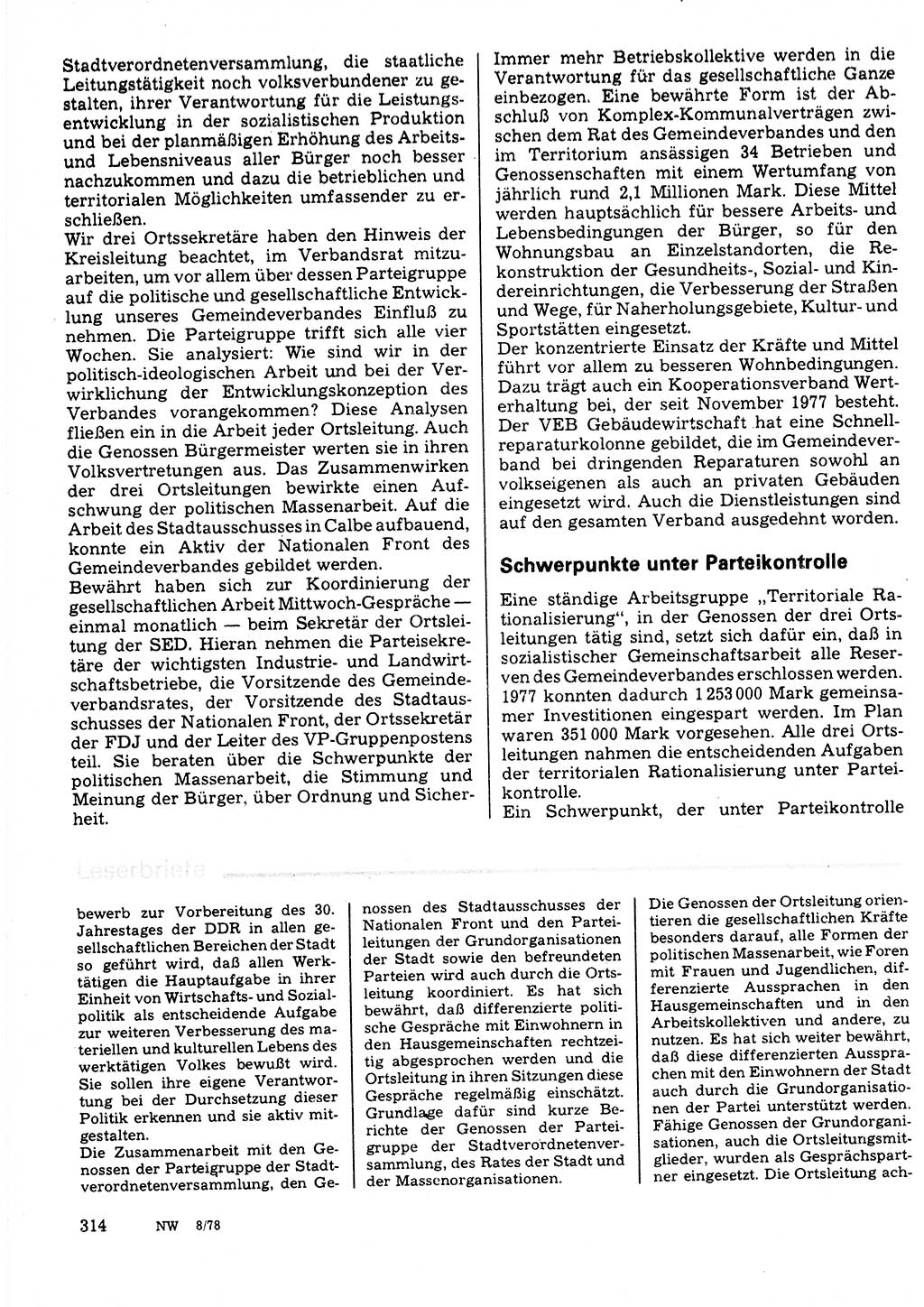 Neuer Weg (NW), Organ des Zentralkomitees (ZK) der SED (Sozialistische Einheitspartei Deutschlands) für Fragen des Parteilebens, 33. Jahrgang [Deutsche Demokratische Republik (DDR)] 1978, Seite 314 (NW ZK SED DDR 1978, S. 314)