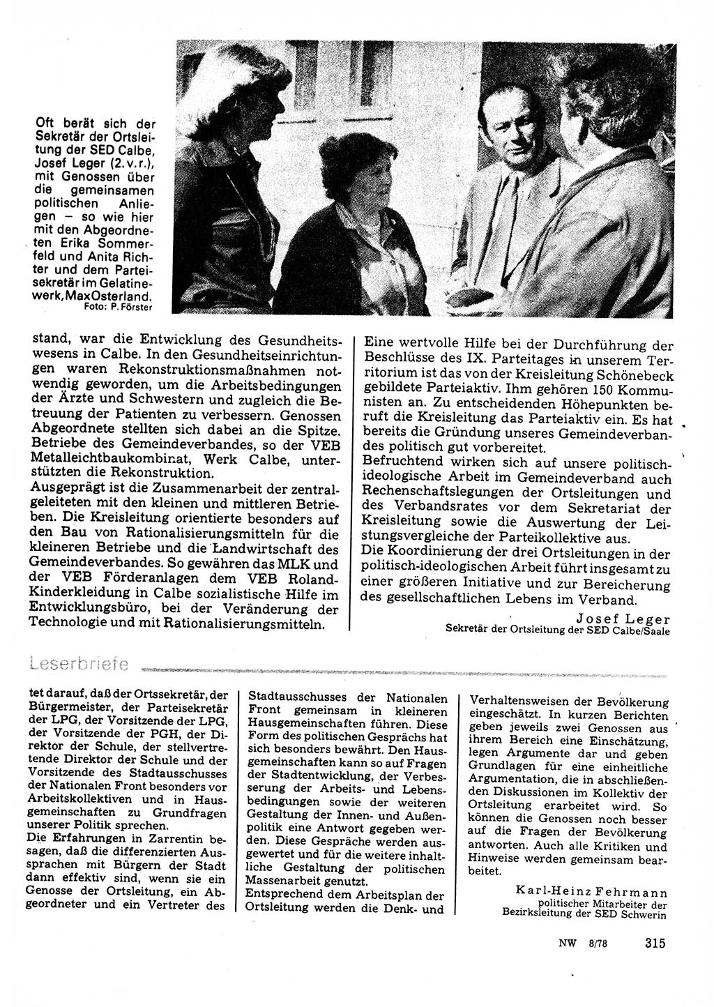 Neuer Weg (NW), Organ des Zentralkomitees (ZK) der SED (Sozialistische Einheitspartei Deutschlands) für Fragen des Parteilebens, 33. Jahrgang [Deutsche Demokratische Republik (DDR)] 1978, Seite 315 (NW ZK SED DDR 1978, S. 315)