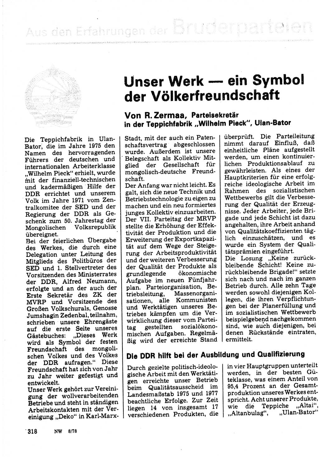 Neuer Weg (NW), Organ des Zentralkomitees (ZK) der SED (Sozialistische Einheitspartei Deutschlands) für Fragen des Parteilebens, 33. Jahrgang [Deutsche Demokratische Republik (DDR)] 1978, Seite 318 (NW ZK SED DDR 1978, S. 318)