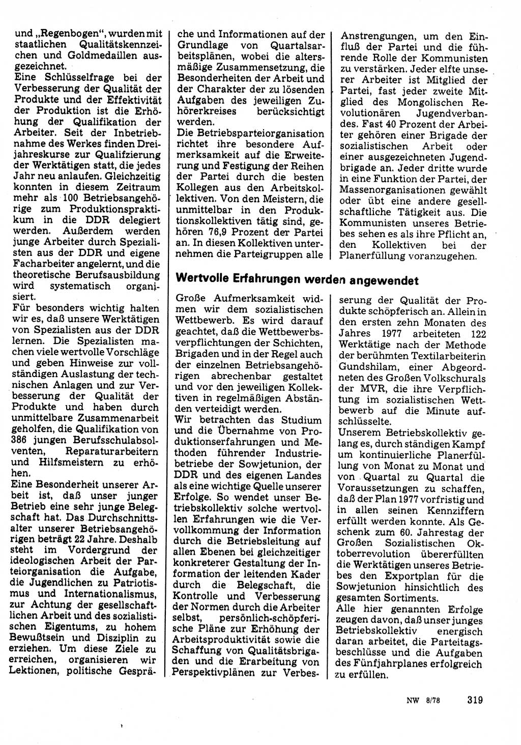 Neuer Weg (NW), Organ des Zentralkomitees (ZK) der SED (Sozialistische Einheitspartei Deutschlands) für Fragen des Parteilebens, 33. Jahrgang [Deutsche Demokratische Republik (DDR)] 1978, Seite 319 (NW ZK SED DDR 1978, S. 319)