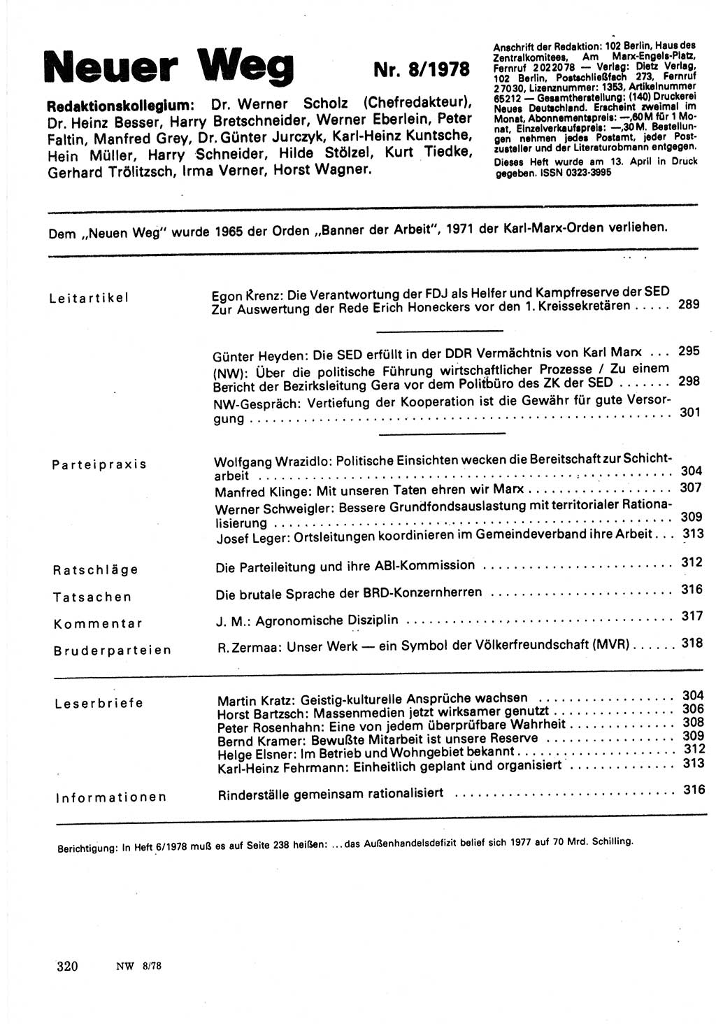Neuer Weg (NW), Organ des Zentralkomitees (ZK) der SED (Sozialistische Einheitspartei Deutschlands) für Fragen des Parteilebens, 33. Jahrgang [Deutsche Demokratische Republik (DDR)] 1978, Seite 320 (NW ZK SED DDR 1978, S. 320)