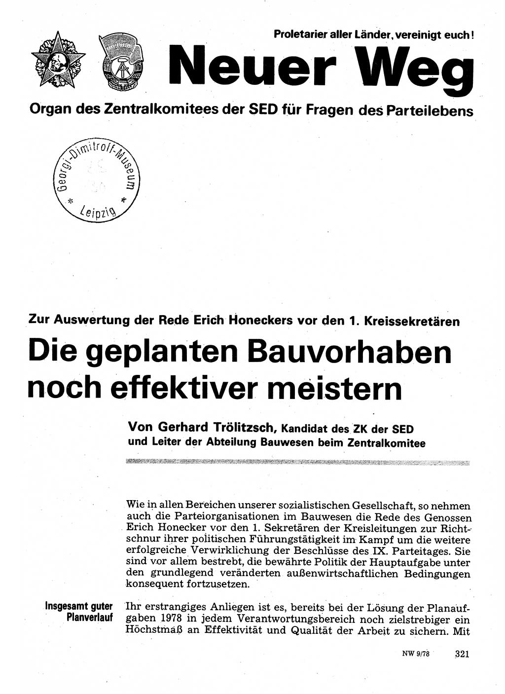 Neuer Weg (NW), Organ des Zentralkomitees (ZK) der SED (Sozialistische Einheitspartei Deutschlands) für Fragen des Parteilebens, 33. Jahrgang [Deutsche Demokratische Republik (DDR)] 1978, Seite 321 (NW ZK SED DDR 1978, S. 321)