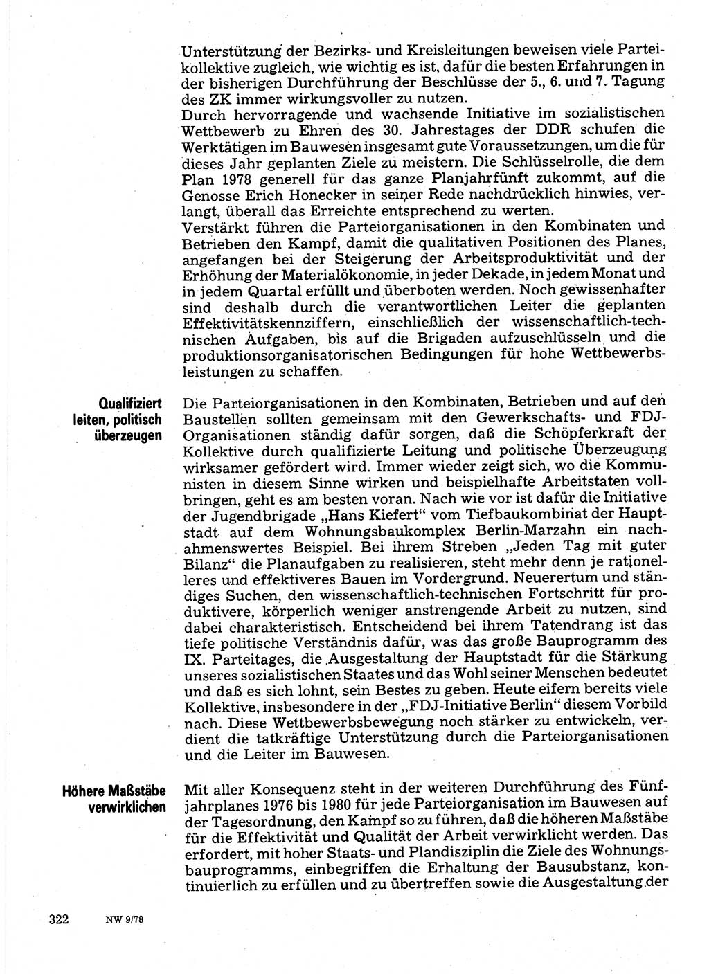 Neuer Weg (NW), Organ des Zentralkomitees (ZK) der SED (Sozialistische Einheitspartei Deutschlands) für Fragen des Parteilebens, 33. Jahrgang [Deutsche Demokratische Republik (DDR)] 1978, Seite 322 (NW ZK SED DDR 1978, S. 322)