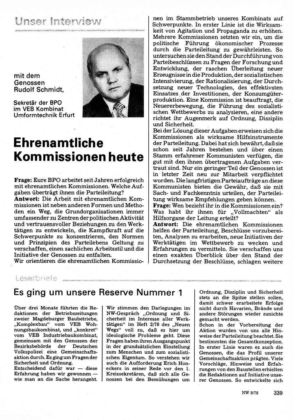 Neuer Weg (NW), Organ des Zentralkomitees (ZK) der SED (Sozialistische Einheitspartei Deutschlands) für Fragen des Parteilebens, 33. Jahrgang [Deutsche Demokratische Republik (DDR)] 1978, Seite 339 (NW ZK SED DDR 1978, S. 339)