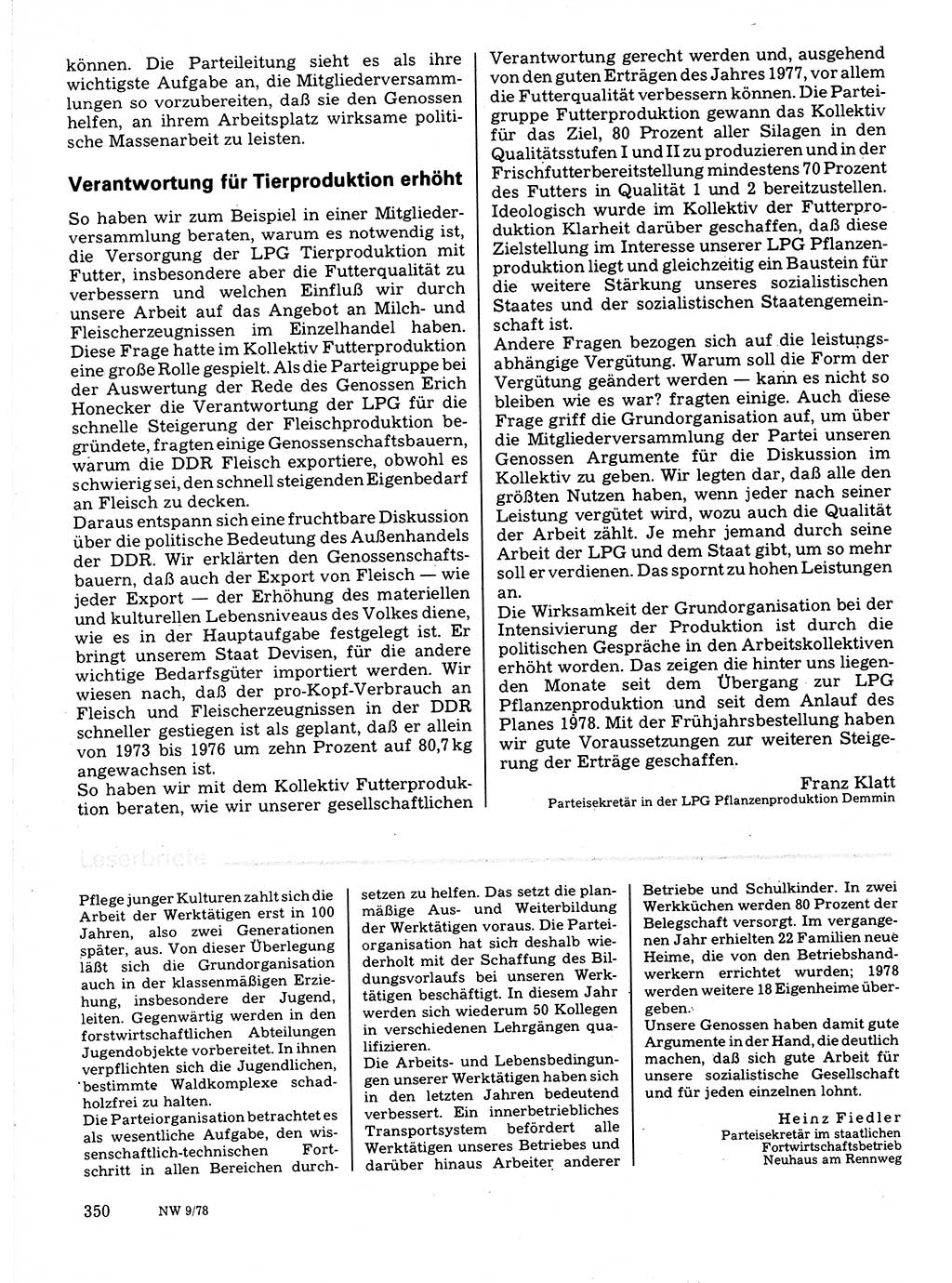 Neuer Weg (NW), Organ des Zentralkomitees (ZK) der SED (Sozialistische Einheitspartei Deutschlands) für Fragen des Parteilebens, 33. Jahrgang [Deutsche Demokratische Republik (DDR)] 1978, Seite 350 (NW ZK SED DDR 1978, S. 350)