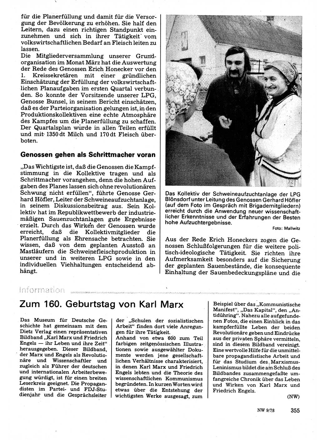 Neuer Weg (NW), Organ des Zentralkomitees (ZK) der SED (Sozialistische Einheitspartei Deutschlands) fÃ¼r Fragen des Parteilebens, 33. Jahrgang [Deutsche Demokratische Republik (DDR)] 1978, Seite 355 (NW ZK SED DDR 1978, S. 355)