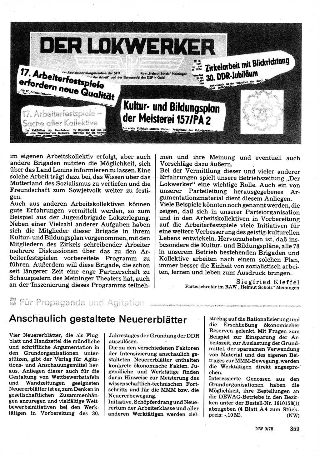 Neuer Weg (NW), Organ des Zentralkomitees (ZK) der SED (Sozialistische Einheitspartei Deutschlands) für Fragen des Parteilebens, 33. Jahrgang [Deutsche Demokratische Republik (DDR)] 1978, Seite 359 (NW ZK SED DDR 1978, S. 359)