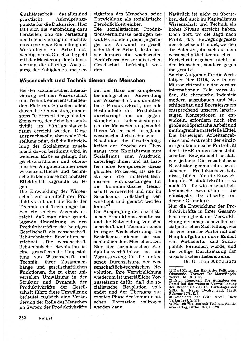 Neuer Weg (NW), Organ des Zentralkomitees (ZK) der SED (Sozialistische Einheitspartei Deutschlands) für Fragen des Parteilebens, 33. Jahrgang [Deutsche Demokratische Republik (DDR)] 1978, Seite 362 (NW ZK SED DDR 1978, S. 362)