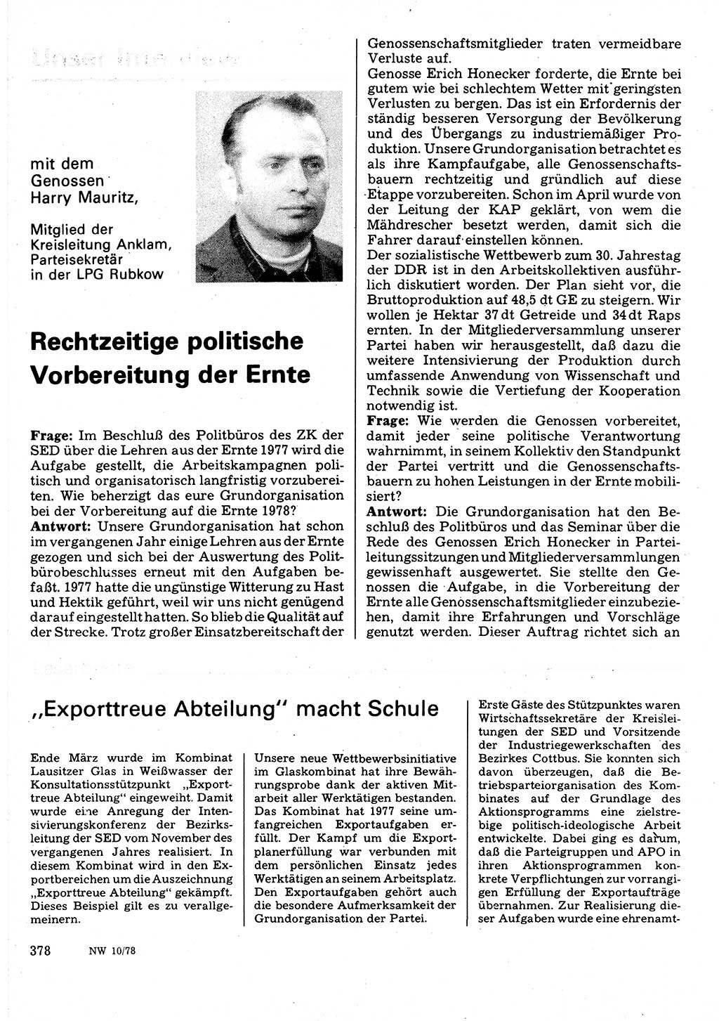 Neuer Weg (NW), Organ des Zentralkomitees (ZK) der SED (Sozialistische Einheitspartei Deutschlands) für Fragen des Parteilebens, 33. Jahrgang [Deutsche Demokratische Republik (DDR)] 1978, Seite 378 (NW ZK SED DDR 1978, S. 378)