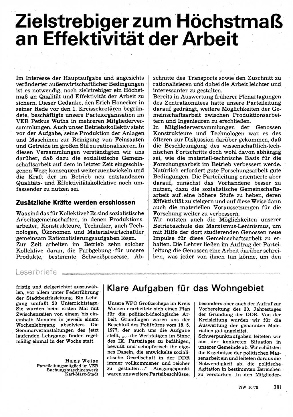 Neuer Weg (NW), Organ des Zentralkomitees (ZK) der SED (Sozialistische Einheitspartei Deutschlands) für Fragen des Parteilebens, 33. Jahrgang [Deutsche Demokratische Republik (DDR)] 1978, Seite 381 (NW ZK SED DDR 1978, S. 381)