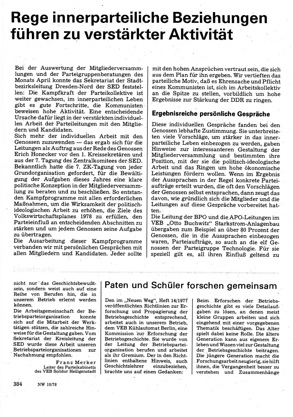 Neuer Weg (NW), Organ des Zentralkomitees (ZK) der SED (Sozialistische Einheitspartei Deutschlands) für Fragen des Parteilebens, 33. Jahrgang [Deutsche Demokratische Republik (DDR)] 1978, Seite 384 (NW ZK SED DDR 1978, S. 384)