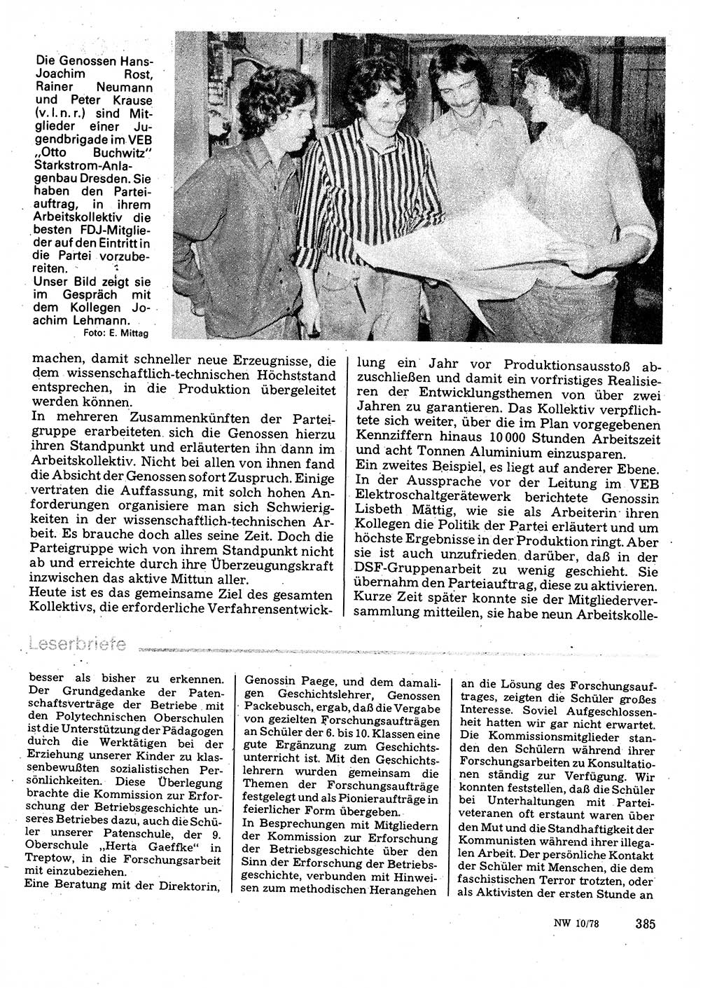 Neuer Weg (NW), Organ des Zentralkomitees (ZK) der SED (Sozialistische Einheitspartei Deutschlands) für Fragen des Parteilebens, 33. Jahrgang [Deutsche Demokratische Republik (DDR)] 1978, Seite 385 (NW ZK SED DDR 1978, S. 385)