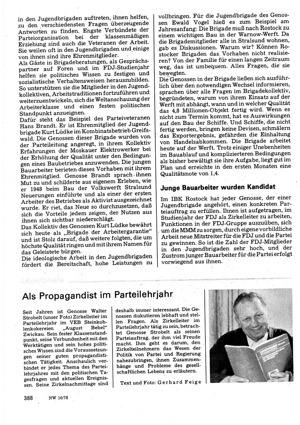 Neuer Weg (NW), Organ des Zentralkomitees (ZK) der SED (Sozialistische Einheitspartei Deutschlands) für Fragen des Parteilebens, 33. Jahrgang [Deutsche Demokratische Republik (DDR)] 1978, Seite 388 (NW ZK SED DDR 1978, S. 388)