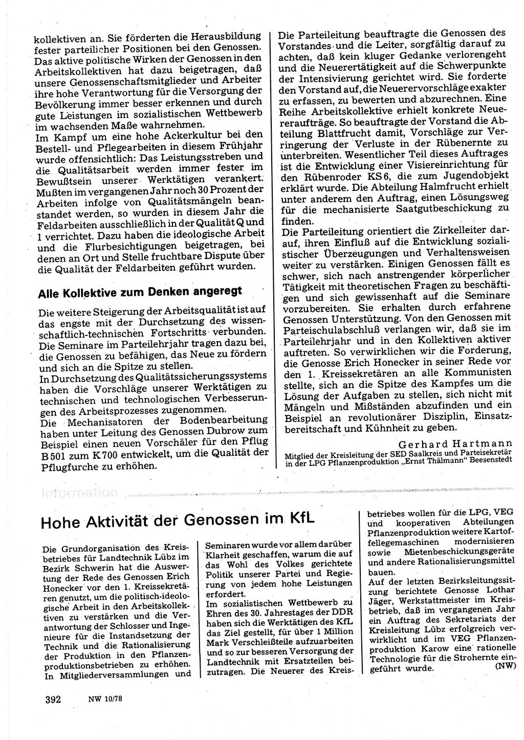 Neuer Weg (NW), Organ des Zentralkomitees (ZK) der SED (Sozialistische Einheitspartei Deutschlands) für Fragen des Parteilebens, 33. Jahrgang [Deutsche Demokratische Republik (DDR)] 1978, Seite 392 (NW ZK SED DDR 1978, S. 392)