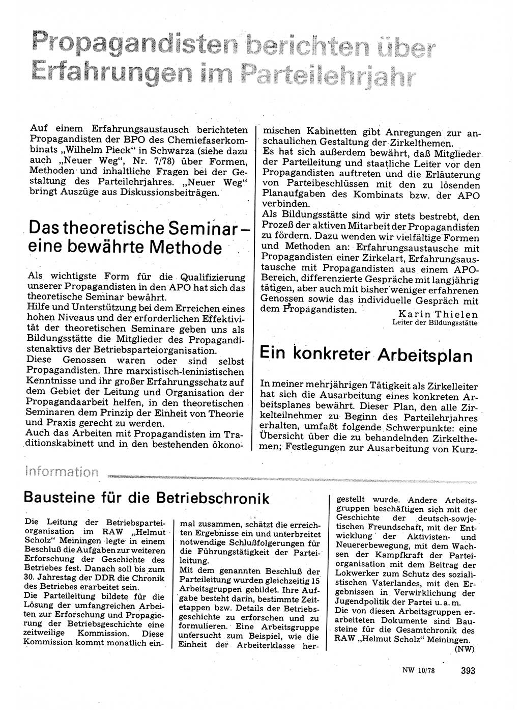 Neuer Weg (NW), Organ des Zentralkomitees (ZK) der SED (Sozialistische Einheitspartei Deutschlands) für Fragen des Parteilebens, 33. Jahrgang [Deutsche Demokratische Republik (DDR)] 1978, Seite 393 (NW ZK SED DDR 1978, S. 393)