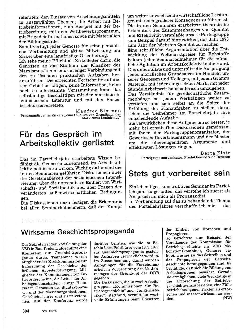 Neuer Weg (NW), Organ des Zentralkomitees (ZK) der SED (Sozialistische Einheitspartei Deutschlands) für Fragen des Parteilebens, 33. Jahrgang [Deutsche Demokratische Republik (DDR)] 1978, Seite 394 (NW ZK SED DDR 1978, S. 394)