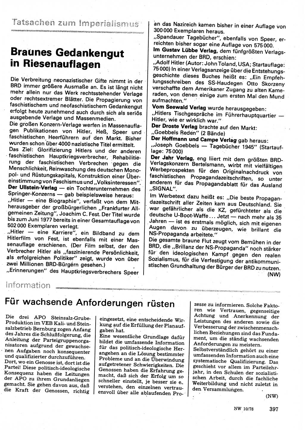 Neuer Weg (NW), Organ des Zentralkomitees (ZK) der SED (Sozialistische Einheitspartei Deutschlands) für Fragen des Parteilebens, 33. Jahrgang [Deutsche Demokratische Republik (DDR)] 1978, Seite 397 (NW ZK SED DDR 1978, S. 397)