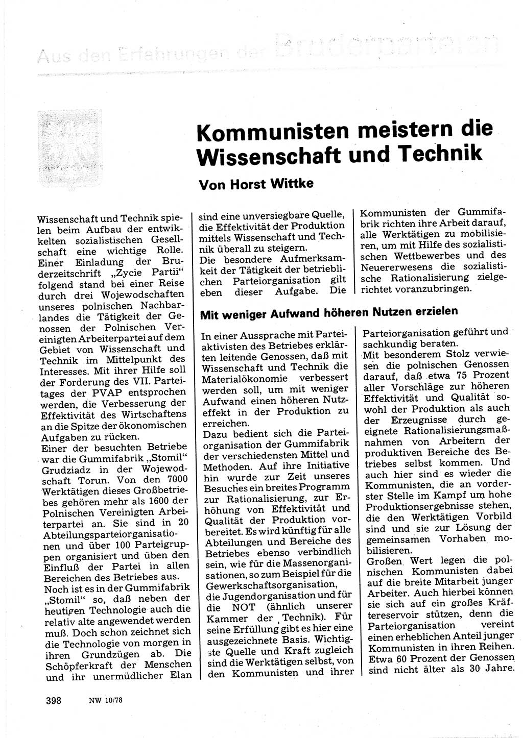 Neuer Weg (NW), Organ des Zentralkomitees (ZK) der SED (Sozialistische Einheitspartei Deutschlands) für Fragen des Parteilebens, 33. Jahrgang [Deutsche Demokratische Republik (DDR)] 1978, Seite 398 (NW ZK SED DDR 1978, S. 398)