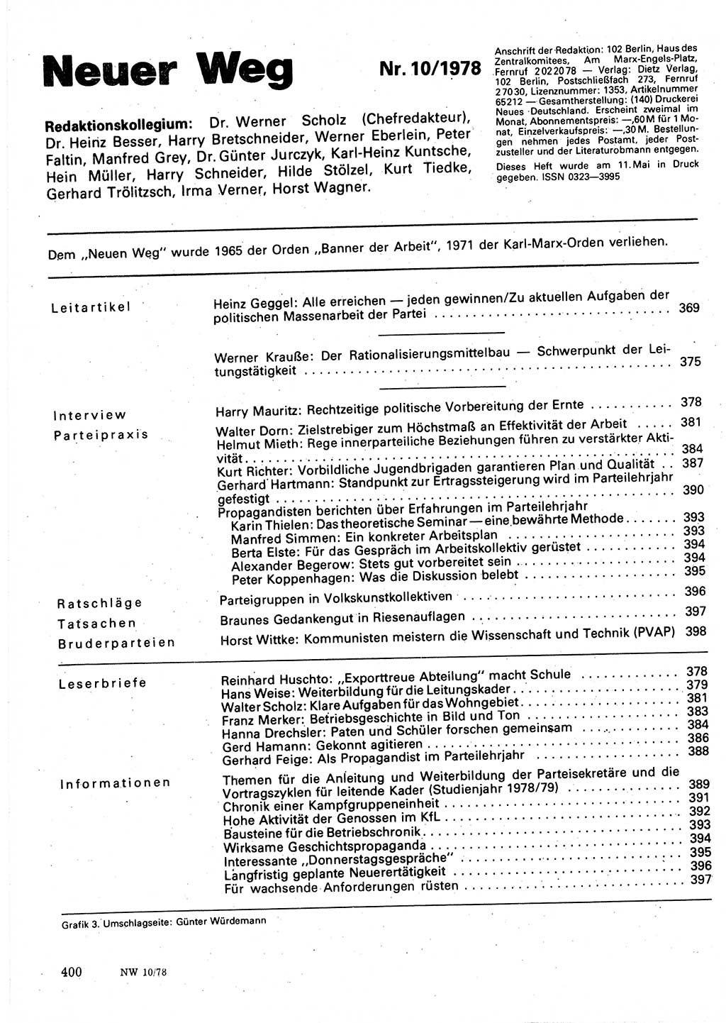 Neuer Weg (NW), Organ des Zentralkomitees (ZK) der SED (Sozialistische Einheitspartei Deutschlands) für Fragen des Parteilebens, 33. Jahrgang [Deutsche Demokratische Republik (DDR)] 1978, Seite 400 (NW ZK SED DDR 1978, S. 400)