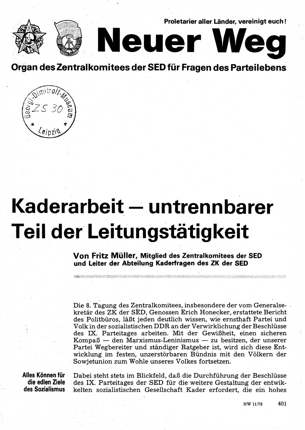 Neuer Weg (NW), Organ des Zentralkomitees (ZK) der SED (Sozialistische Einheitspartei Deutschlands) für Fragen des Parteilebens, 33. Jahrgang [Deutsche Demokratische Republik (DDR)] 1978, Seite 401 (NW ZK SED DDR 1978, S. 401)