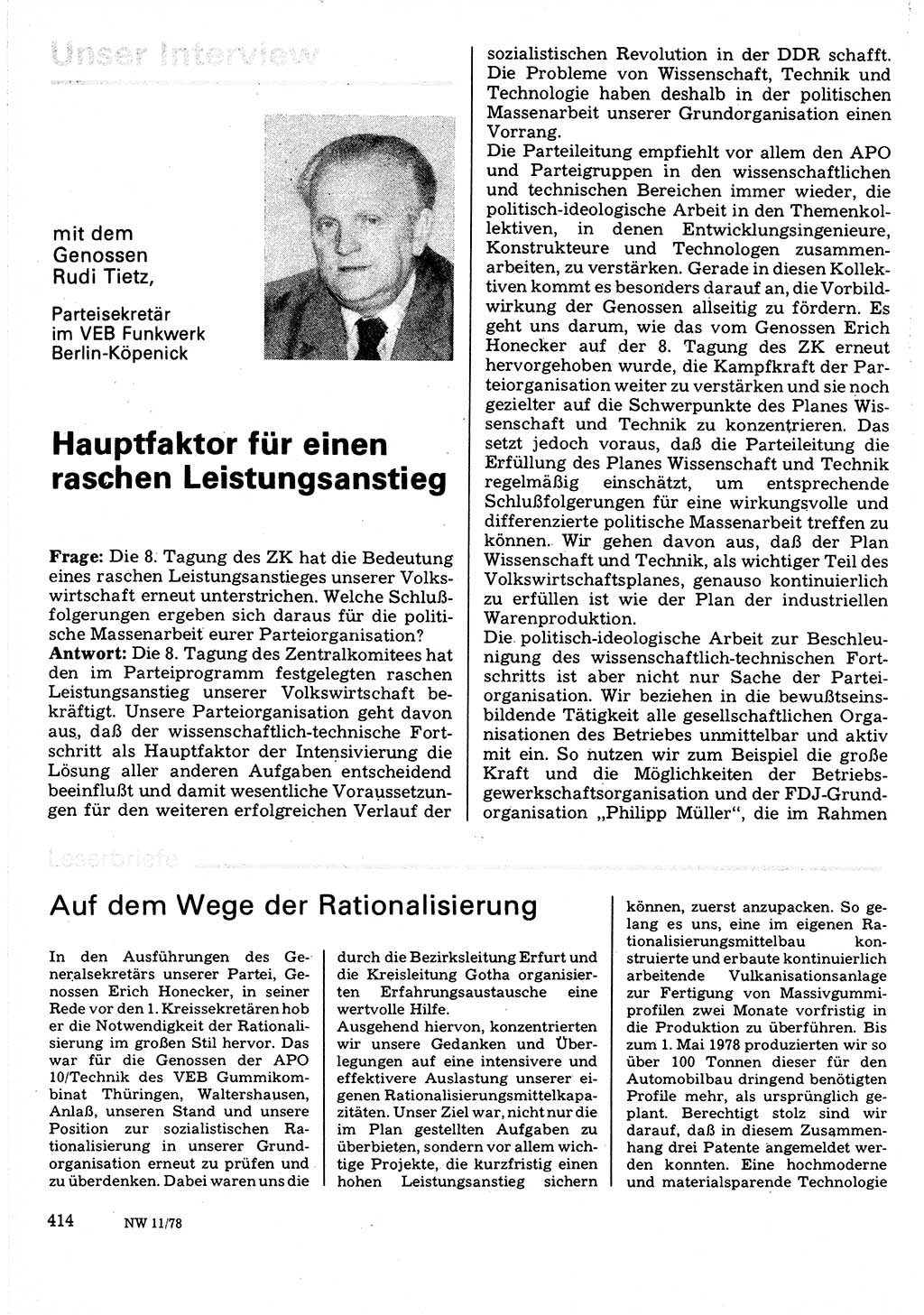 Neuer Weg (NW), Organ des Zentralkomitees (ZK) der SED (Sozialistische Einheitspartei Deutschlands) für Fragen des Parteilebens, 33. Jahrgang [Deutsche Demokratische Republik (DDR)] 1978, Seite 414 (NW ZK SED DDR 1978, S. 414)