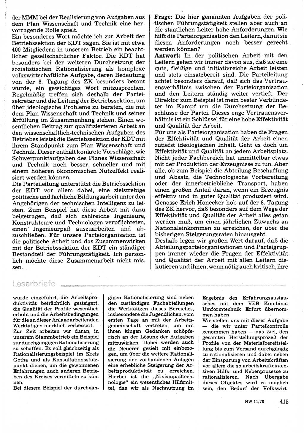 Neuer Weg (NW), Organ des Zentralkomitees (ZK) der SED (Sozialistische Einheitspartei Deutschlands) für Fragen des Parteilebens, 33. Jahrgang [Deutsche Demokratische Republik (DDR)] 1978, Seite 415 (NW ZK SED DDR 1978, S. 415)