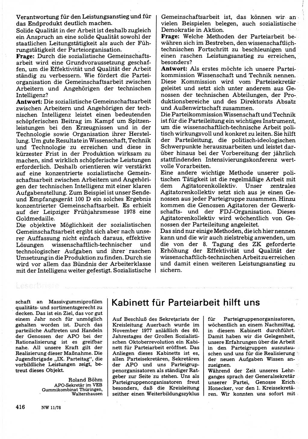 Neuer Weg (NW), Organ des Zentralkomitees (ZK) der SED (Sozialistische Einheitspartei Deutschlands) für Fragen des Parteilebens, 33. Jahrgang [Deutsche Demokratische Republik (DDR)] 1978, Seite 416 (NW ZK SED DDR 1978, S. 416)