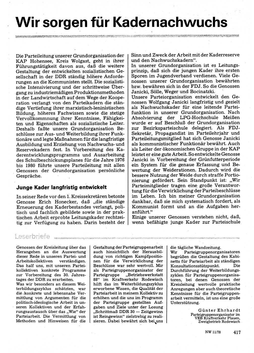 Neuer Weg (NW), Organ des Zentralkomitees (ZK) der SED (Sozialistische Einheitspartei Deutschlands) für Fragen des Parteilebens, 33. Jahrgang [Deutsche Demokratische Republik (DDR)] 1978, Seite 417 (NW ZK SED DDR 1978, S. 417)