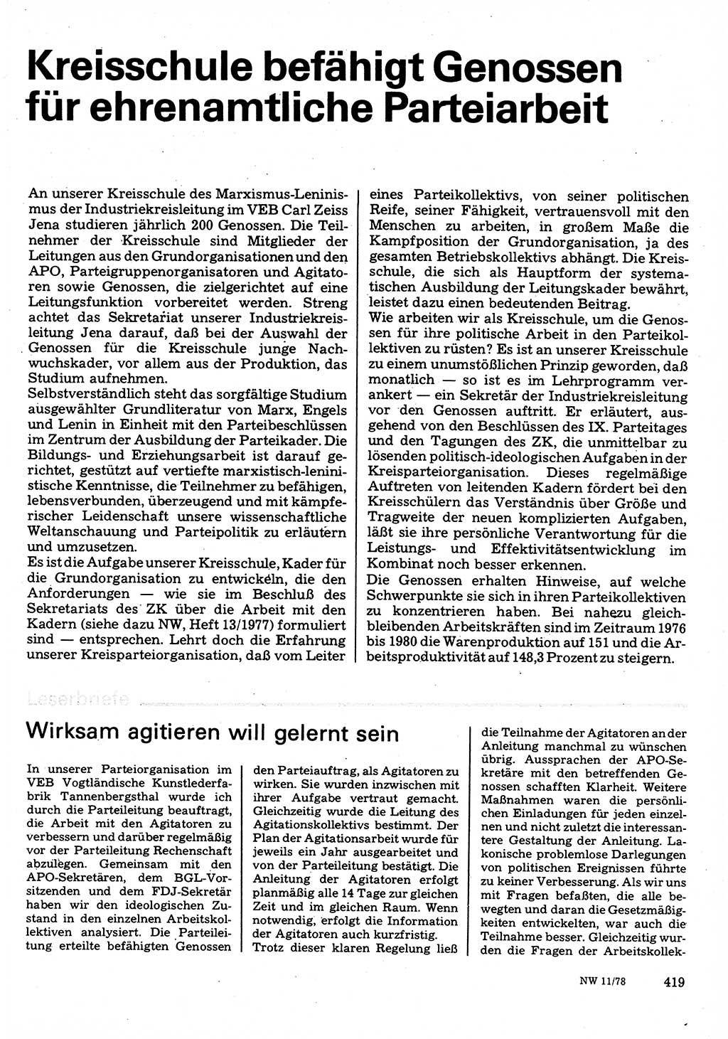 Neuer Weg (NW), Organ des Zentralkomitees (ZK) der SED (Sozialistische Einheitspartei Deutschlands) für Fragen des Parteilebens, 33. Jahrgang [Deutsche Demokratische Republik (DDR)] 1978, Seite 419 (NW ZK SED DDR 1978, S. 419)