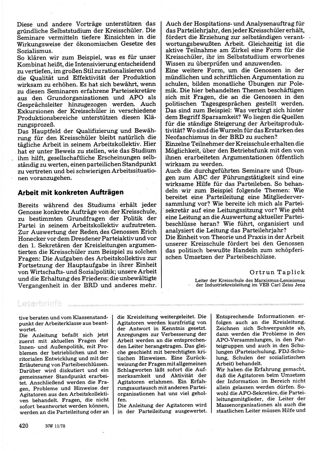 Neuer Weg (NW), Organ des Zentralkomitees (ZK) der SED (Sozialistische Einheitspartei Deutschlands) für Fragen des Parteilebens, 33. Jahrgang [Deutsche Demokratische Republik (DDR)] 1978, Seite 420 (NW ZK SED DDR 1978, S. 420)
