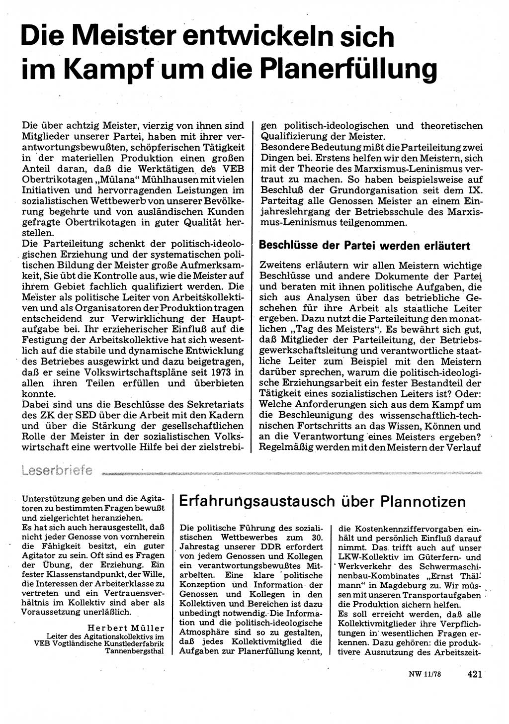 Neuer Weg (NW), Organ des Zentralkomitees (ZK) der SED (Sozialistische Einheitspartei Deutschlands) für Fragen des Parteilebens, 33. Jahrgang [Deutsche Demokratische Republik (DDR)] 1978, Seite 421 (NW ZK SED DDR 1978, S. 421)