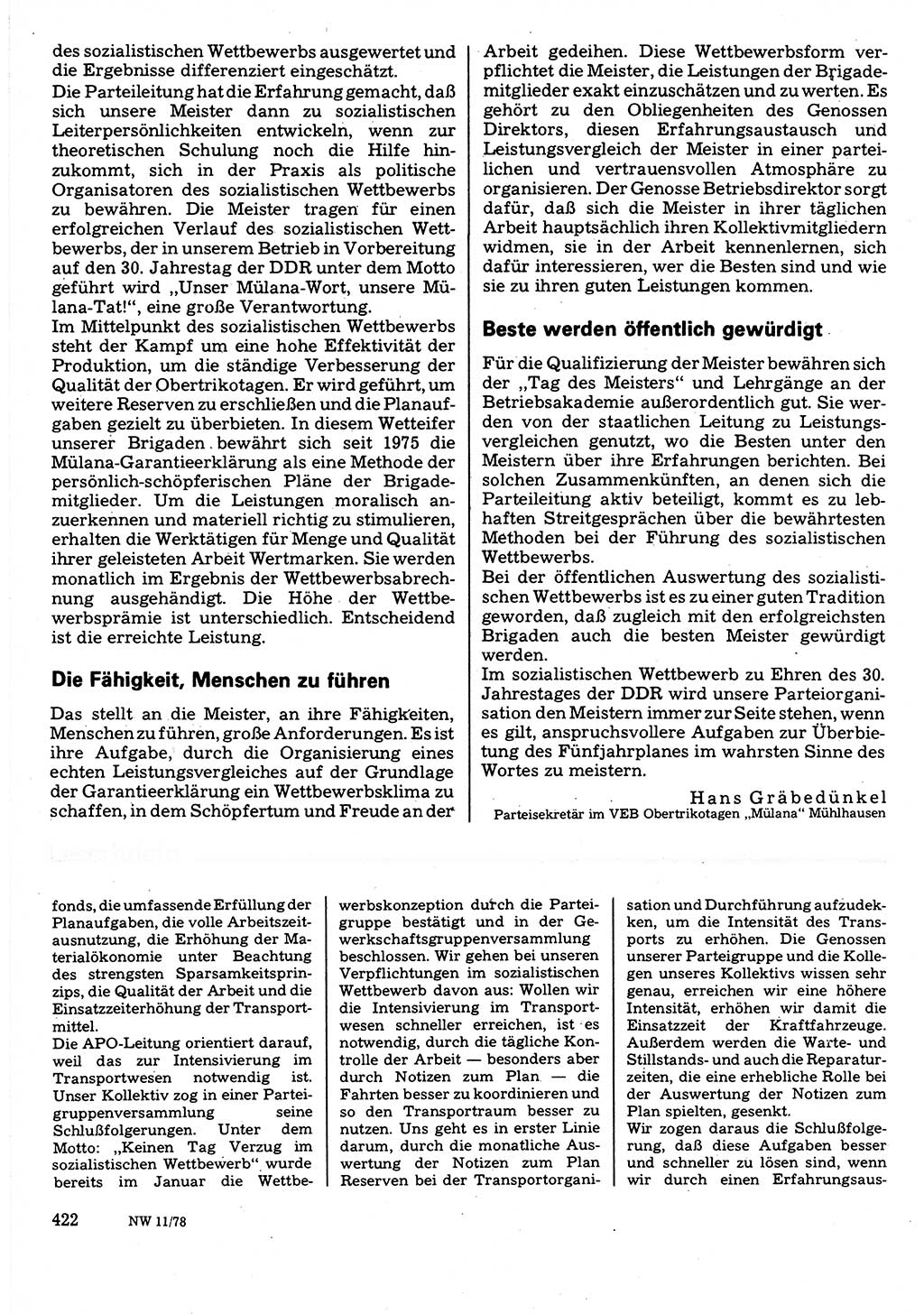Neuer Weg (NW), Organ des Zentralkomitees (ZK) der SED (Sozialistische Einheitspartei Deutschlands) für Fragen des Parteilebens, 33. Jahrgang [Deutsche Demokratische Republik (DDR)] 1978, Seite 422 (NW ZK SED DDR 1978, S. 422)