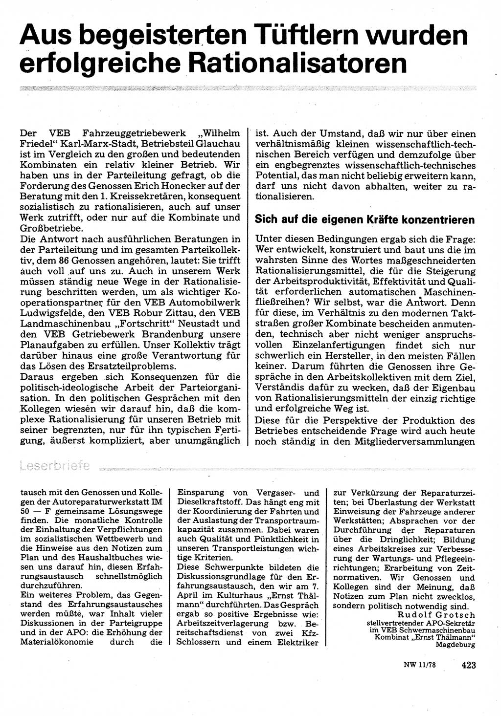 Neuer Weg (NW), Organ des Zentralkomitees (ZK) der SED (Sozialistische Einheitspartei Deutschlands) für Fragen des Parteilebens, 33. Jahrgang [Deutsche Demokratische Republik (DDR)] 1978, Seite 423 (NW ZK SED DDR 1978, S. 423)