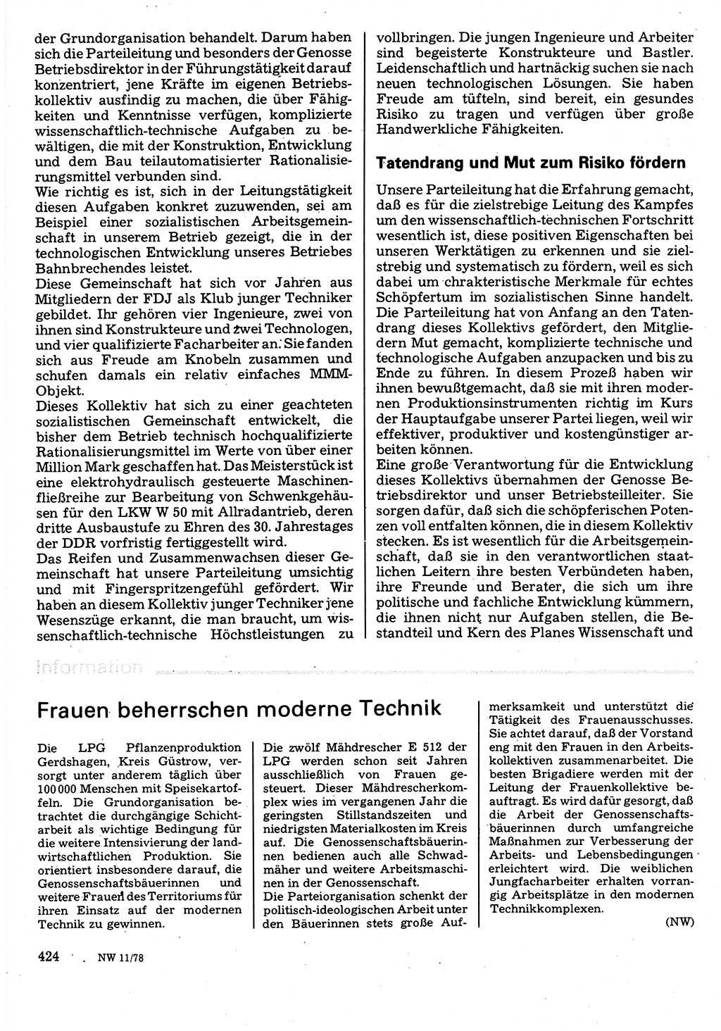 Neuer Weg (NW), Organ des Zentralkomitees (ZK) der SED (Sozialistische Einheitspartei Deutschlands) für Fragen des Parteilebens, 33. Jahrgang [Deutsche Demokratische Republik (DDR)] 1978, Seite 424 (NW ZK SED DDR 1978, S. 424)