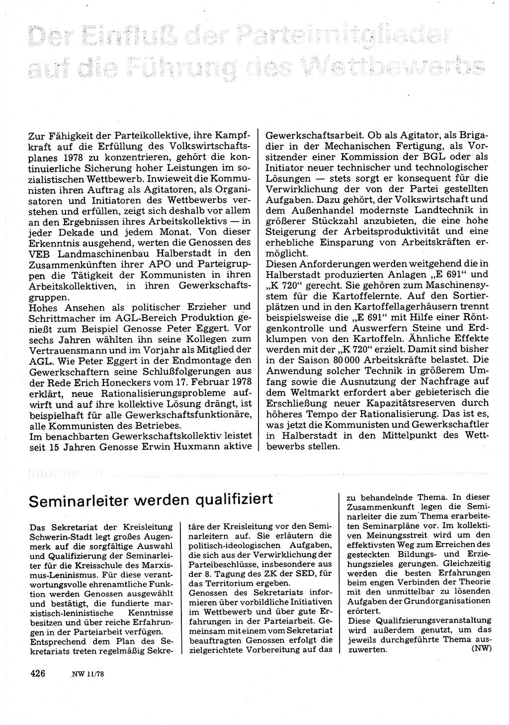 Neuer Weg (NW), Organ des Zentralkomitees (ZK) der SED (Sozialistische Einheitspartei Deutschlands) für Fragen des Parteilebens, 33. Jahrgang [Deutsche Demokratische Republik (DDR)] 1978, Seite 426 (NW ZK SED DDR 1978, S. 426)