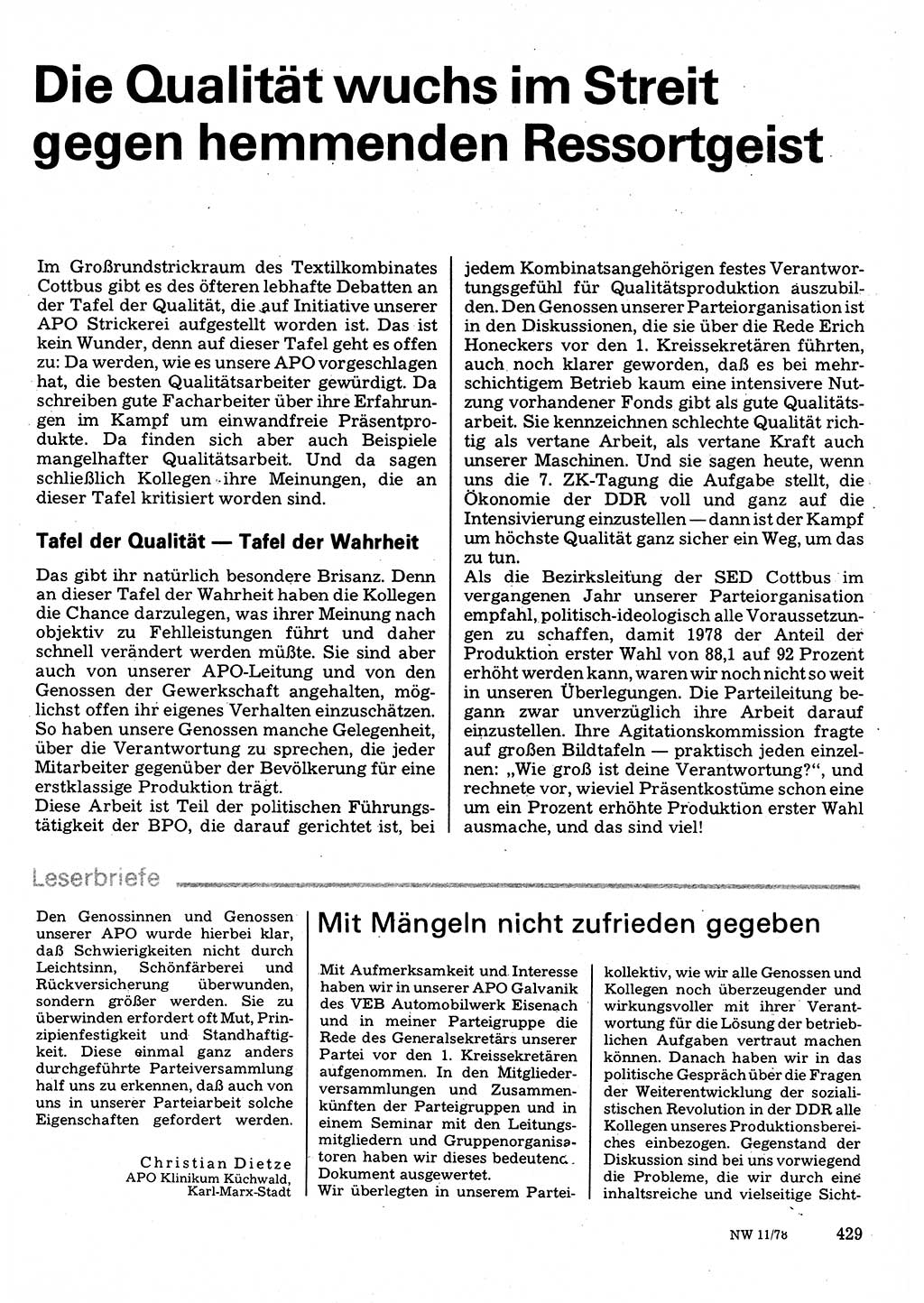Neuer Weg (NW), Organ des Zentralkomitees (ZK) der SED (Sozialistische Einheitspartei Deutschlands) für Fragen des Parteilebens, 33. Jahrgang [Deutsche Demokratische Republik (DDR)] 1978, Seite 429 (NW ZK SED DDR 1978, S. 429)