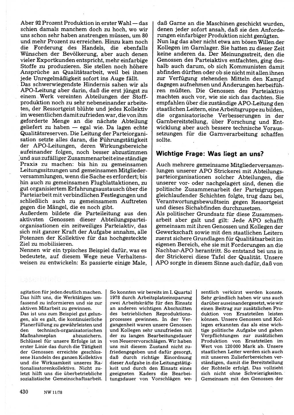 Neuer Weg (NW), Organ des Zentralkomitees (ZK) der SED (Sozialistische Einheitspartei Deutschlands) für Fragen des Parteilebens, 33. Jahrgang [Deutsche Demokratische Republik (DDR)] 1978, Seite 430 (NW ZK SED DDR 1978, S. 430)