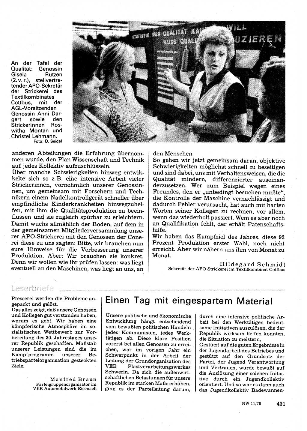 Neuer Weg (NW), Organ des Zentralkomitees (ZK) der SED (Sozialistische Einheitspartei Deutschlands) für Fragen des Parteilebens, 33. Jahrgang [Deutsche Demokratische Republik (DDR)] 1978, Seite 431 (NW ZK SED DDR 1978, S. 431)