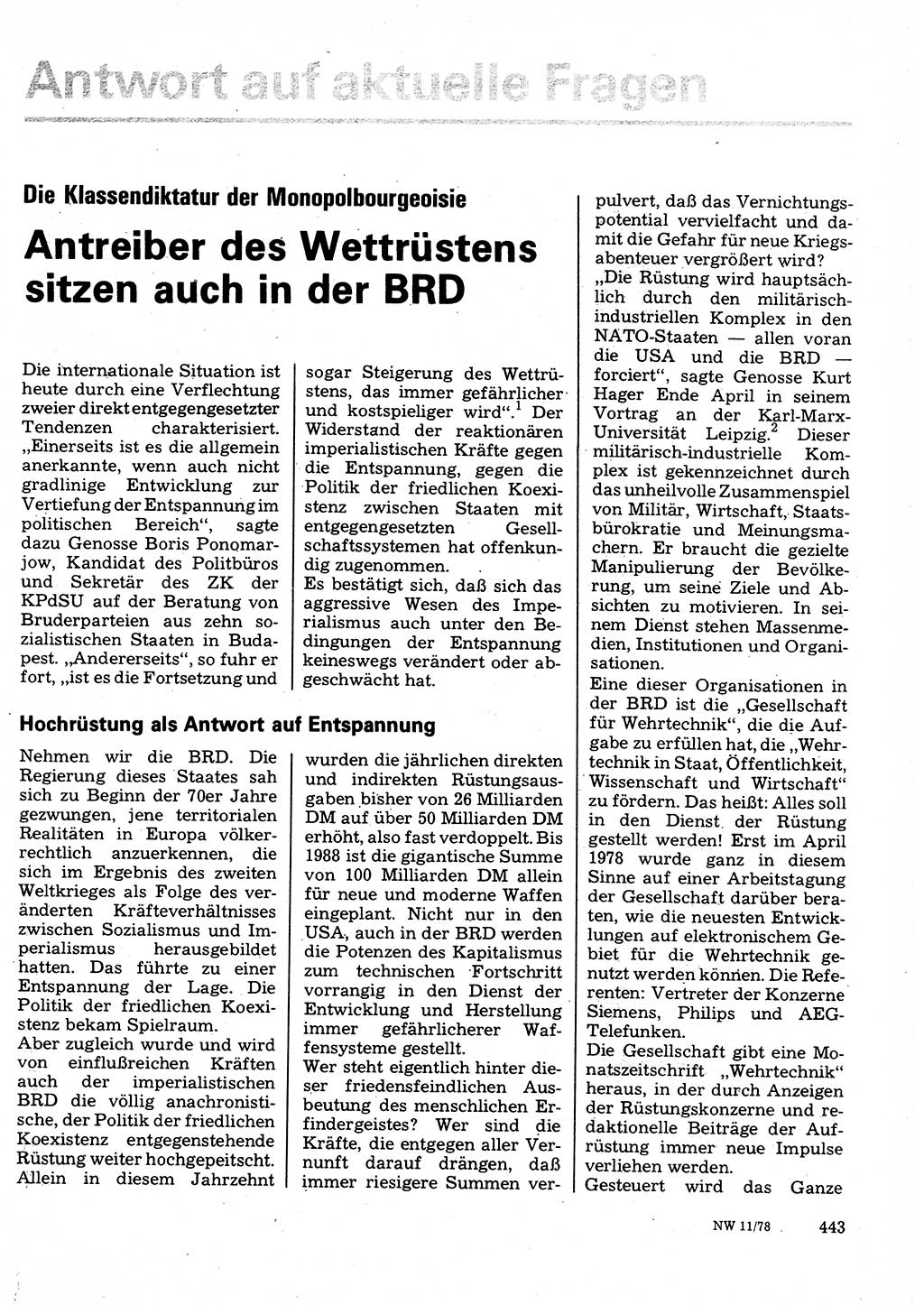 Neuer Weg (NW), Organ des Zentralkomitees (ZK) der SED (Sozialistische Einheitspartei Deutschlands) für Fragen des Parteilebens, 33. Jahrgang [Deutsche Demokratische Republik (DDR)] 1978, Seite 443 (NW ZK SED DDR 1978, S. 443)