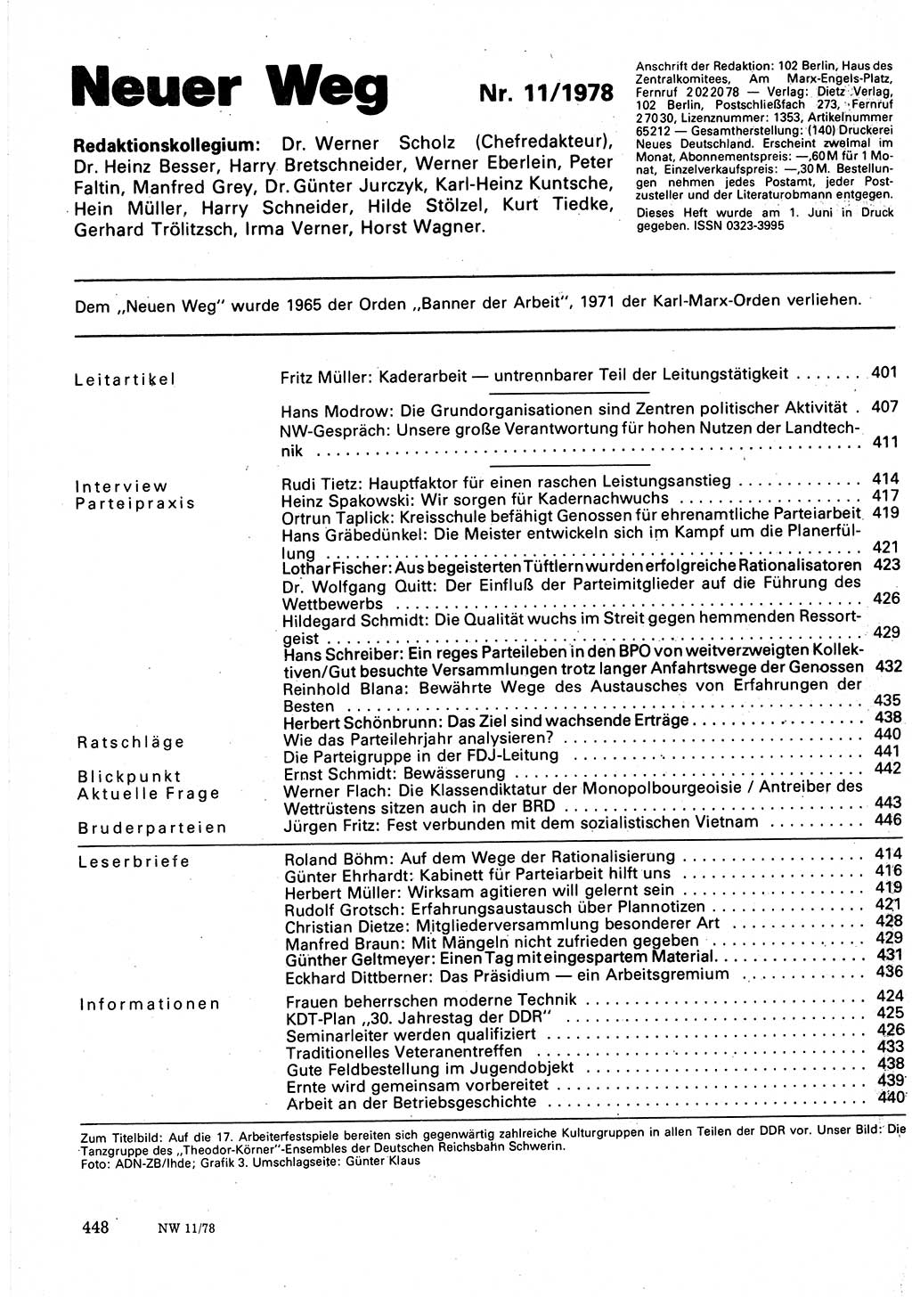 Neuer Weg (NW), Organ des Zentralkomitees (ZK) der SED (Sozialistische Einheitspartei Deutschlands) für Fragen des Parteilebens, 33. Jahrgang [Deutsche Demokratische Republik (DDR)] 1978, Seite 448 (NW ZK SED DDR 1978, S. 448)