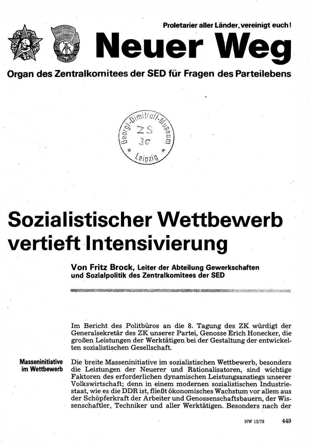Neuer Weg (NW), Organ des Zentralkomitees (ZK) der SED (Sozialistische Einheitspartei Deutschlands) für Fragen des Parteilebens, 33. Jahrgang [Deutsche Demokratische Republik (DDR)] 1978, Seite 449 (NW ZK SED DDR 1978, S. 449)
