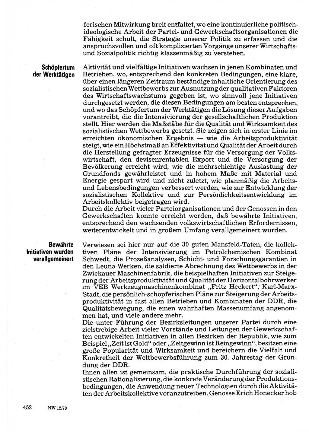 Neuer Weg (NW), Organ des Zentralkomitees (ZK) der SED (Sozialistische Einheitspartei Deutschlands) für Fragen des Parteilebens, 33. Jahrgang [Deutsche Demokratische Republik (DDR)] 1978, Seite 452 (NW ZK SED DDR 1978, S. 452)