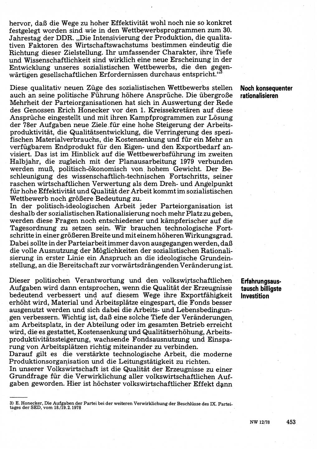 Neuer Weg (NW), Organ des Zentralkomitees (ZK) der SED (Sozialistische Einheitspartei Deutschlands) für Fragen des Parteilebens, 33. Jahrgang [Deutsche Demokratische Republik (DDR)] 1978, Seite 453 (NW ZK SED DDR 1978, S. 453)