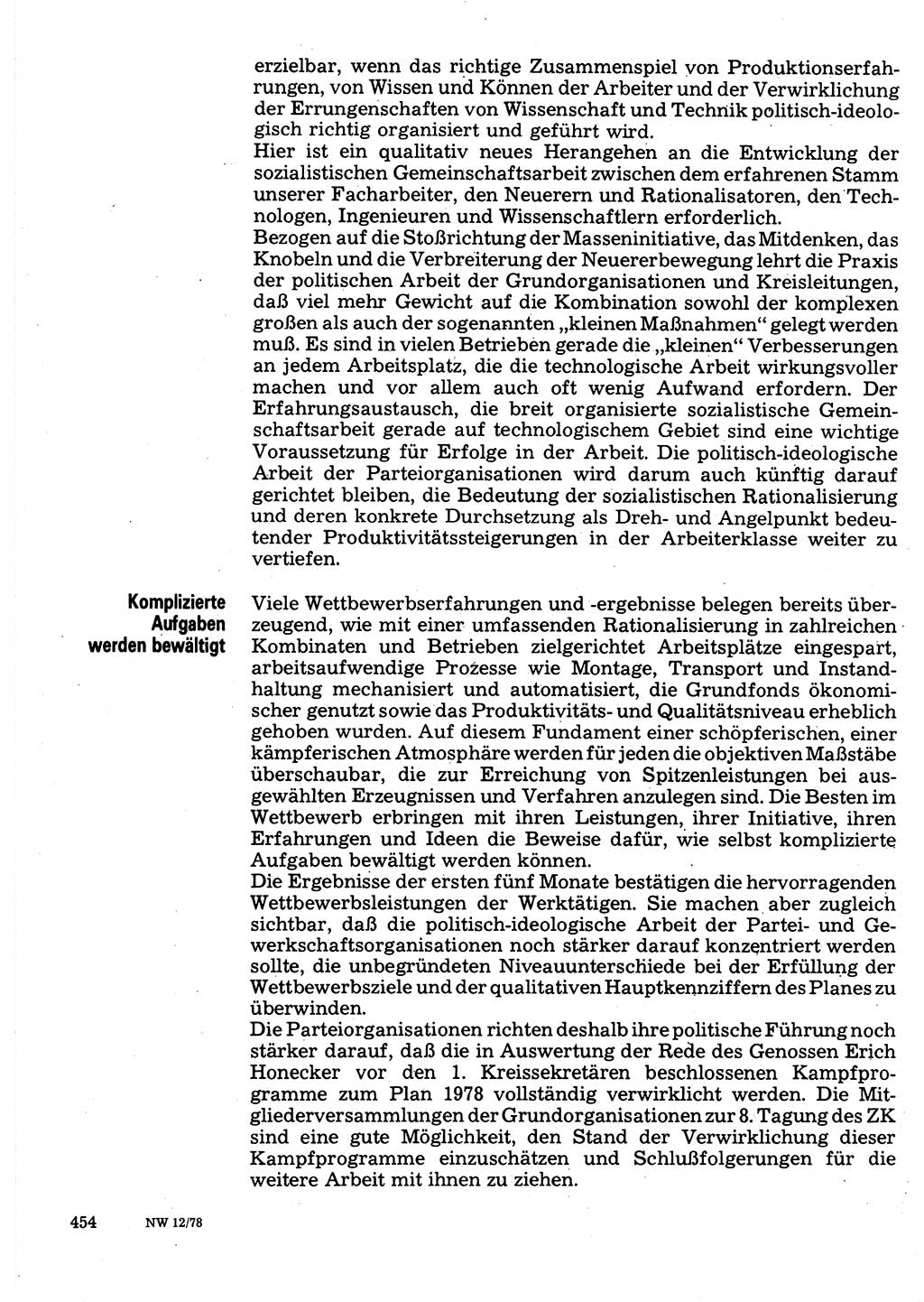 Neuer Weg (NW), Organ des Zentralkomitees (ZK) der SED (Sozialistische Einheitspartei Deutschlands) für Fragen des Parteilebens, 33. Jahrgang [Deutsche Demokratische Republik (DDR)] 1978, Seite 454 (NW ZK SED DDR 1978, S. 454)