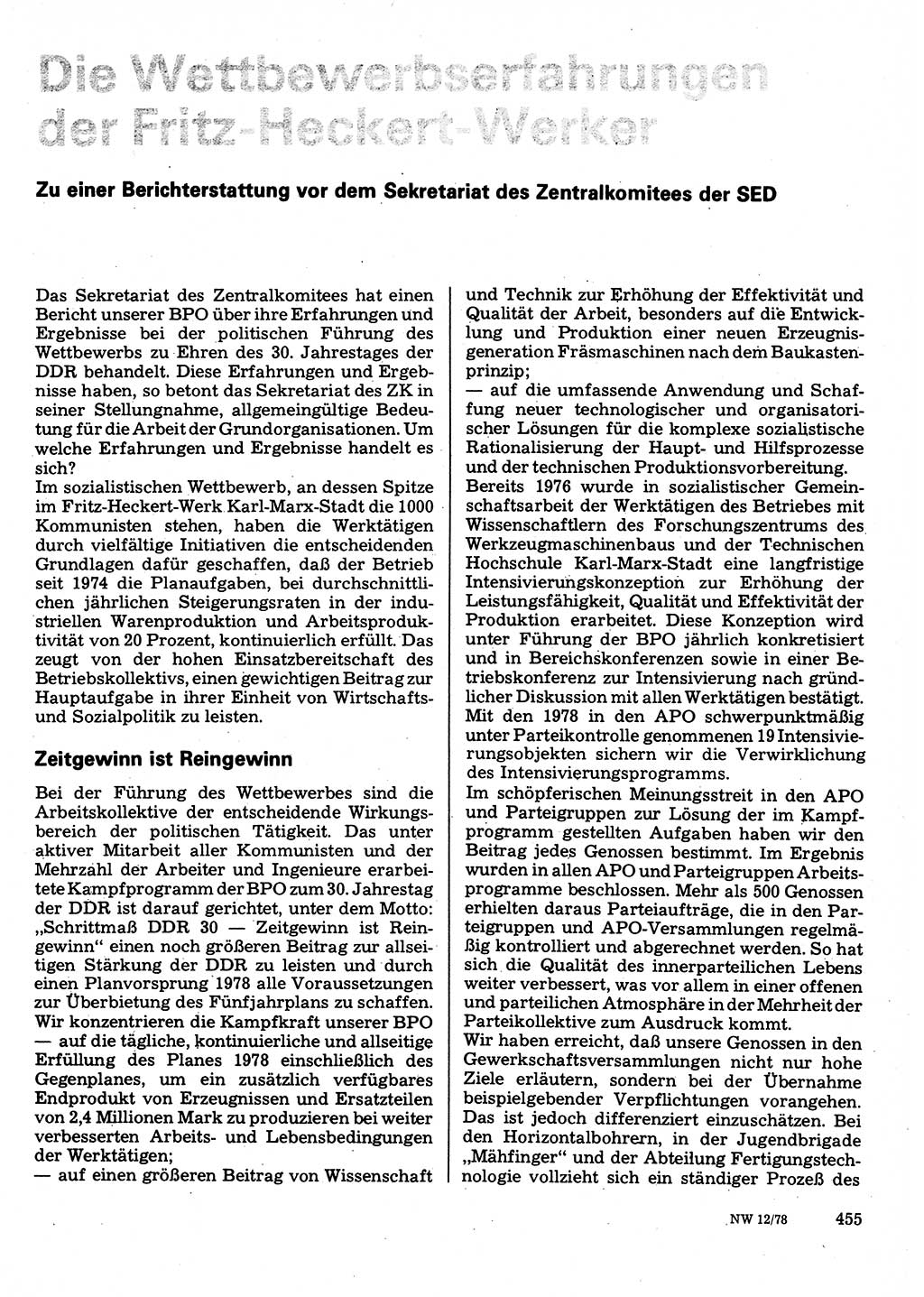 Neuer Weg (NW), Organ des Zentralkomitees (ZK) der SED (Sozialistische Einheitspartei Deutschlands) für Fragen des Parteilebens, 33. Jahrgang [Deutsche Demokratische Republik (DDR)] 1978, Seite 455 (NW ZK SED DDR 1978, S. 455)