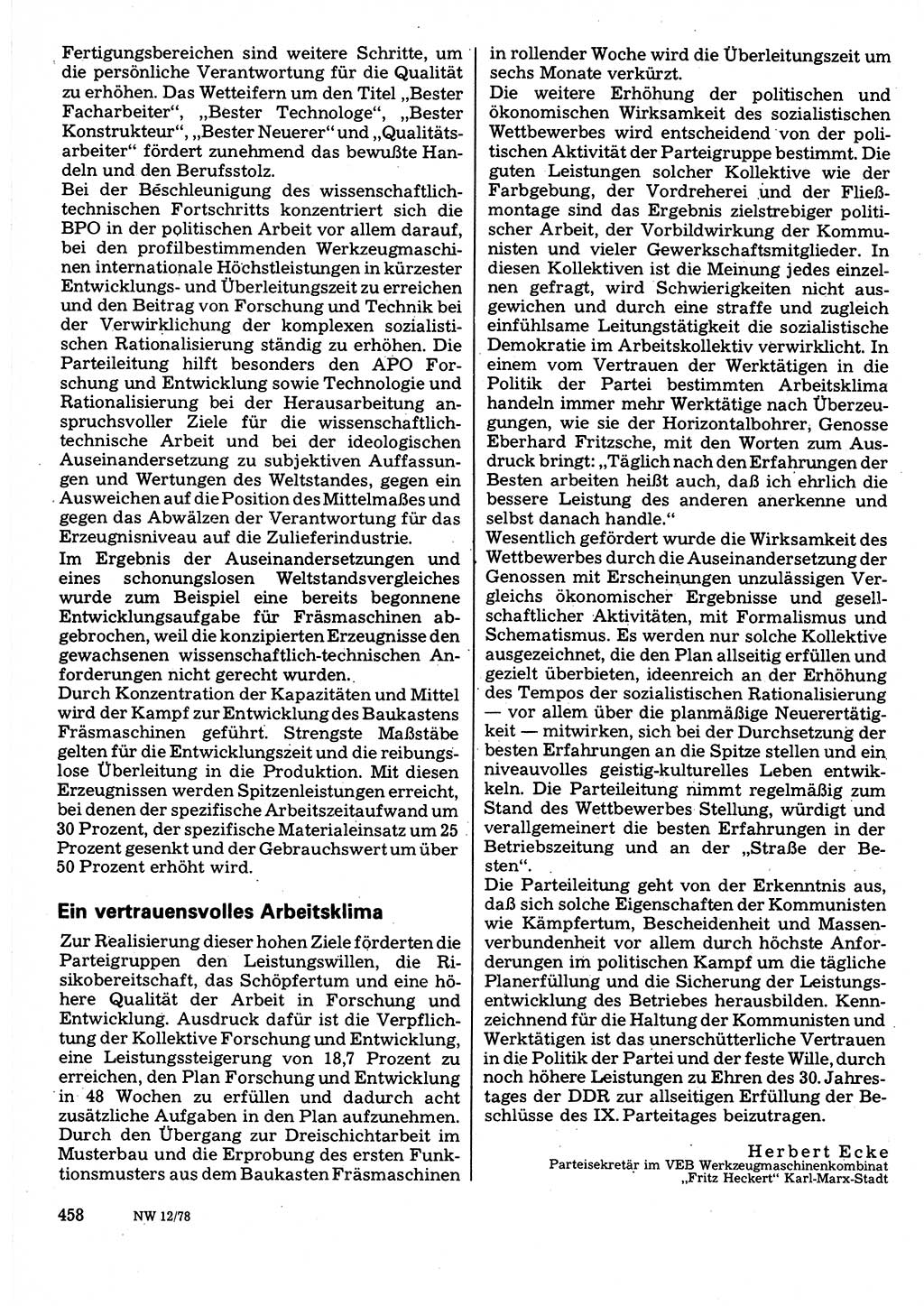 Neuer Weg (NW), Organ des Zentralkomitees (ZK) der SED (Sozialistische Einheitspartei Deutschlands) für Fragen des Parteilebens, 33. Jahrgang [Deutsche Demokratische Republik (DDR)] 1978, Seite 458 (NW ZK SED DDR 1978, S. 458)