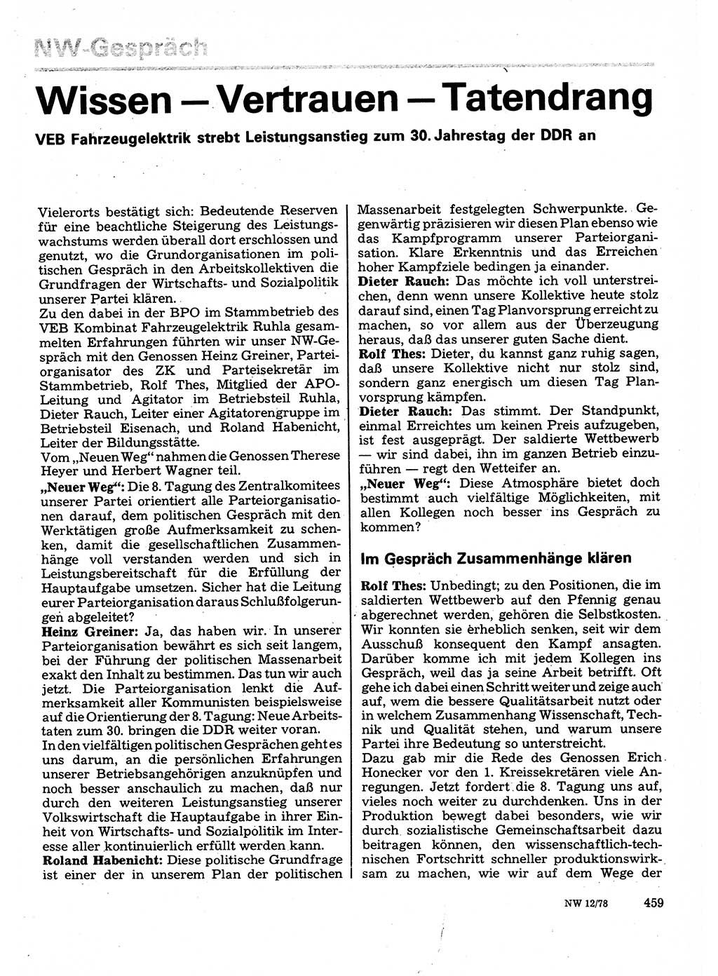 Neuer Weg (NW), Organ des Zentralkomitees (ZK) der SED (Sozialistische Einheitspartei Deutschlands) für Fragen des Parteilebens, 33. Jahrgang [Deutsche Demokratische Republik (DDR)] 1978, Seite 459 (NW ZK SED DDR 1978, S. 459)